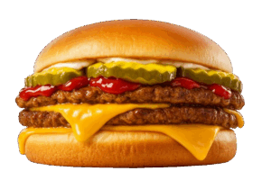 Double cheeseburger with pickles and ketchup