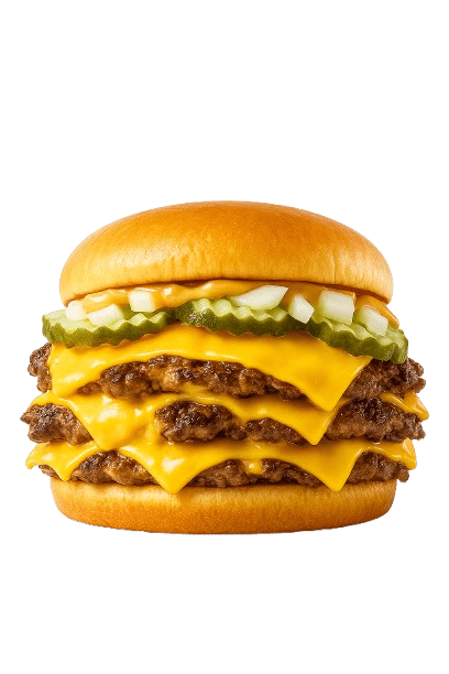 Three-layer cheeseburger with pickles