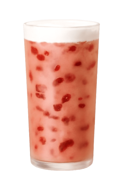 Refreshing pink drink with strawberry chunks.